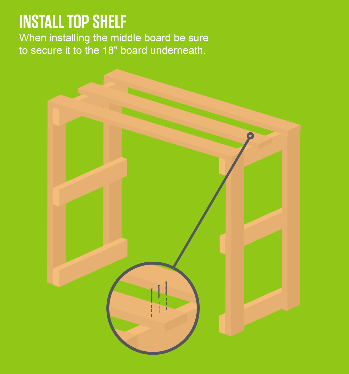 Infographic explaining ways to install the top shelf on a garage storage shelf. 