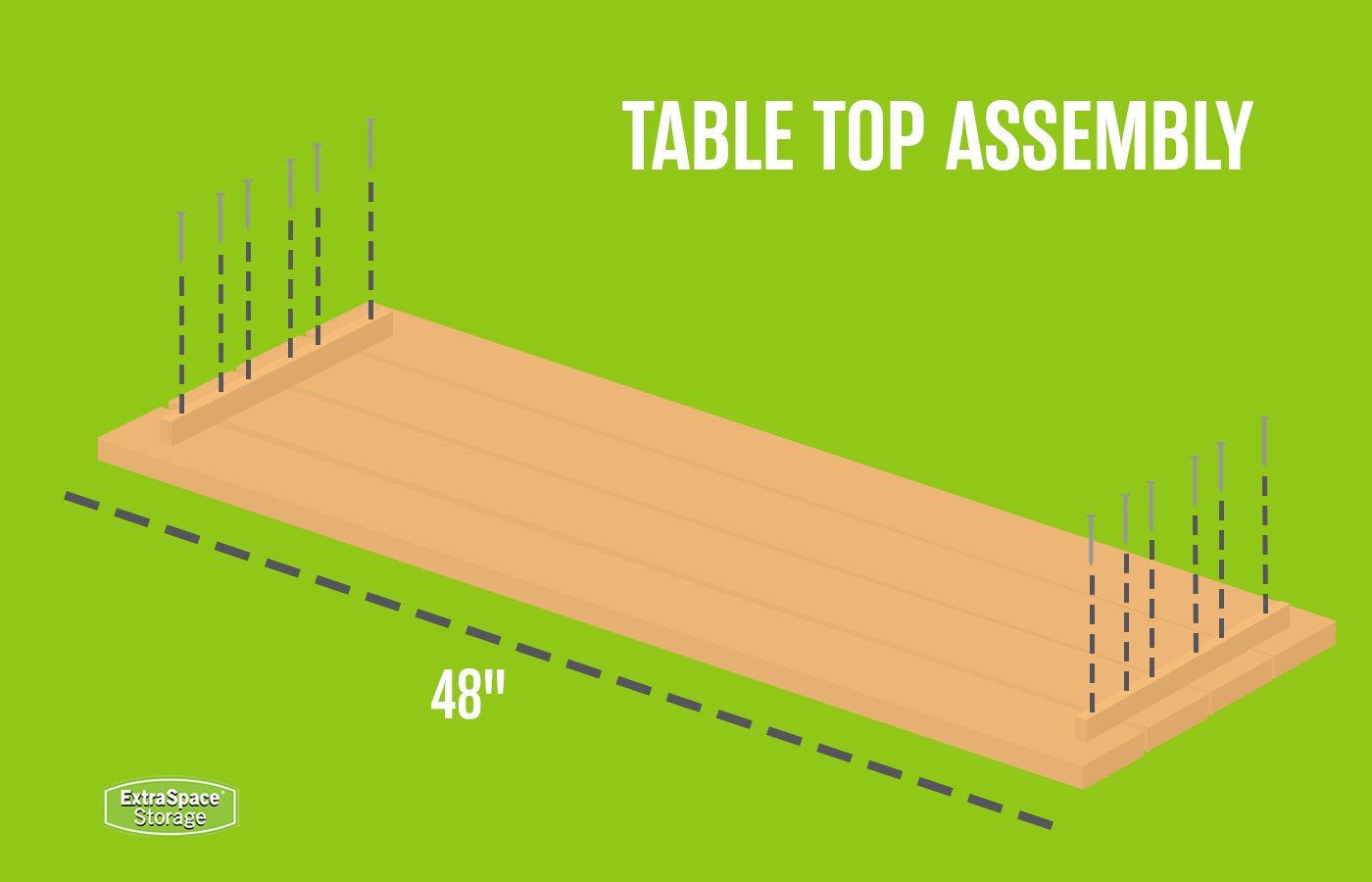 The photo shows the table top with lines directing people on where the nails should go on the brace pieces in order to keep the four planks making the table top stay together. 