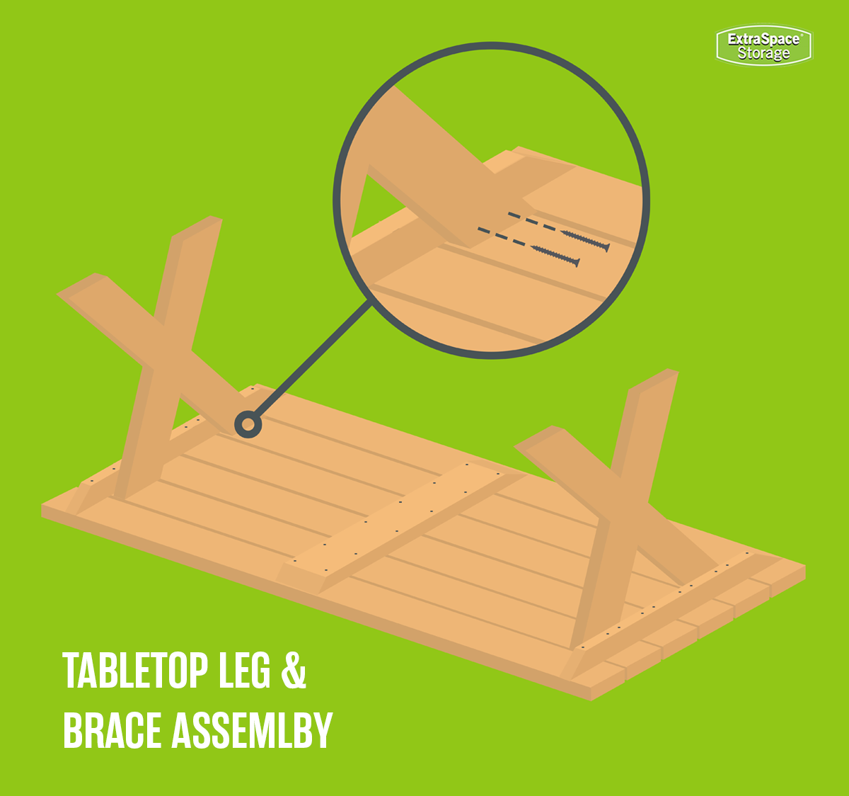 illustrated graphic showing how to attach the legs to the tabletop