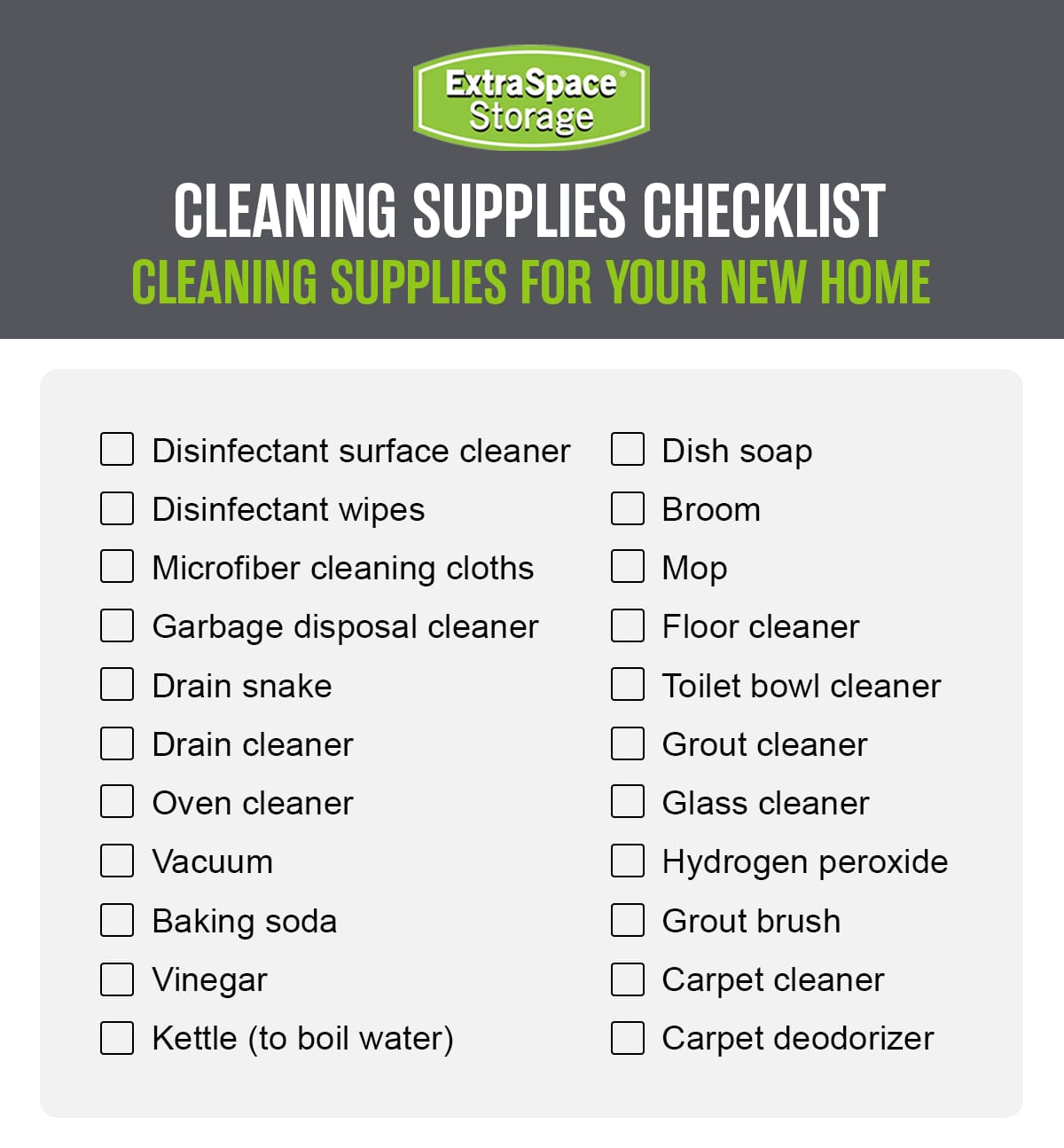 Checklist of cleaning supplies needed to clean a new home.