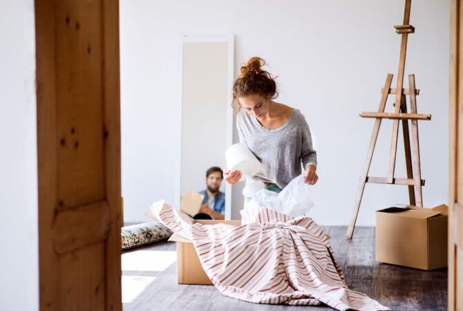woman packing lampshade