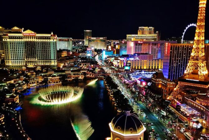 Las Vegas skyline at night, lit up by neon lights