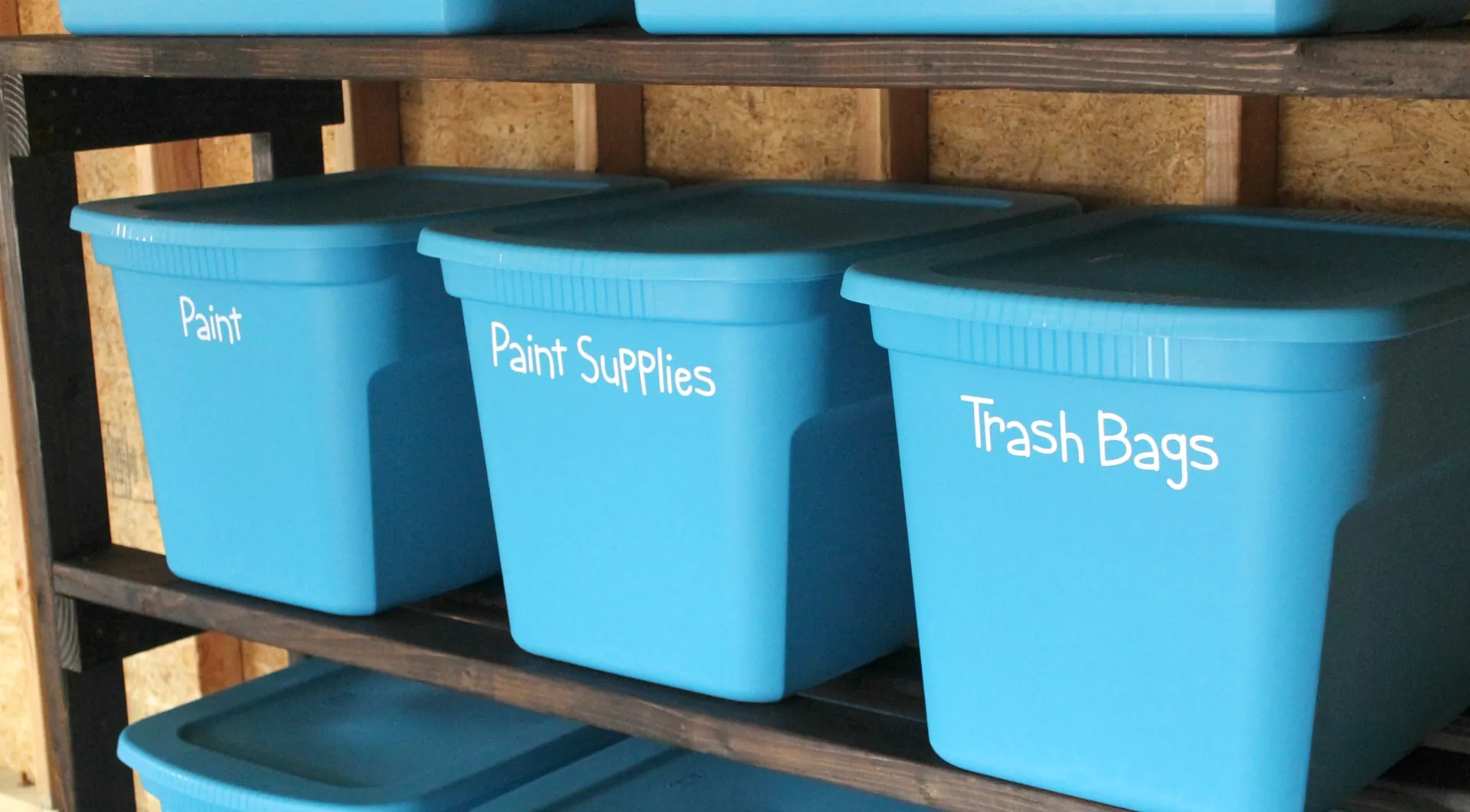 Blue storage bins are labeled with paint, paint supplies, and trash bags.