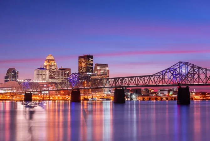 Louisville cityscape near a bridge