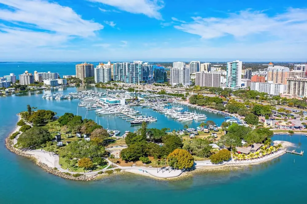 Aerial view of Sarasota skyline and coast