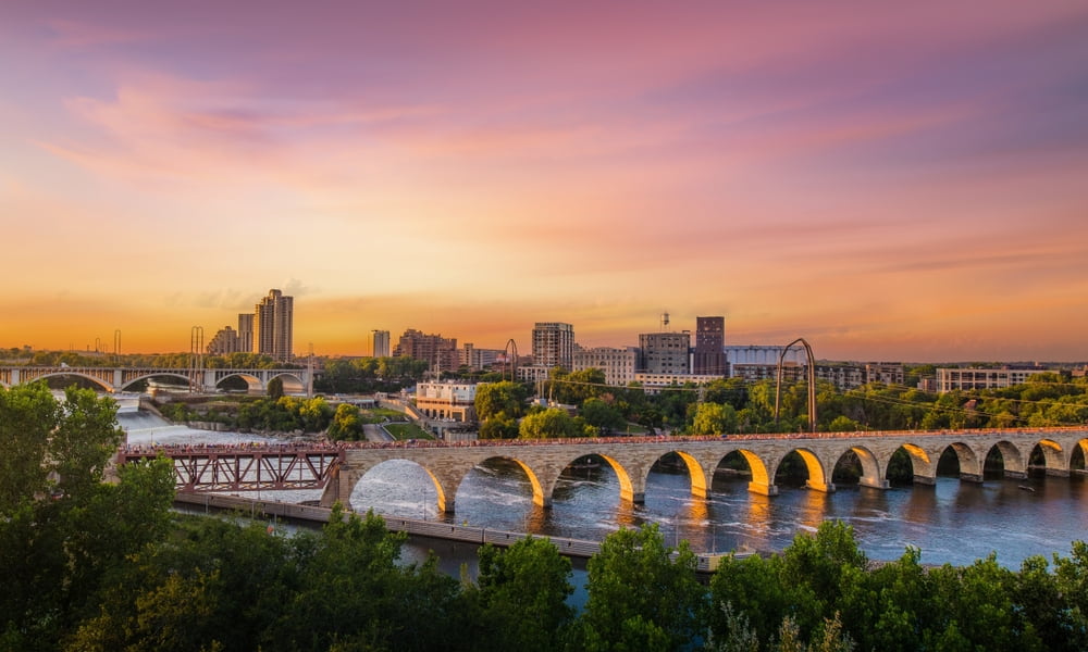 The Minneapolis skyline at sunset.