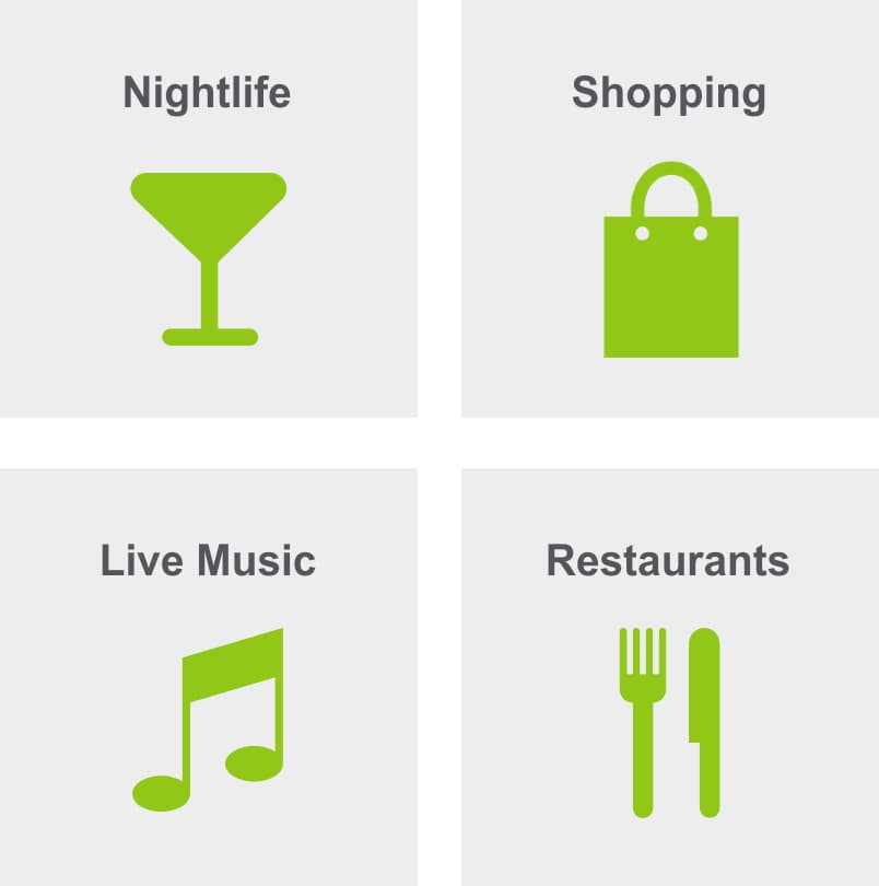 Infographic highlighting amenities in Sugar Land, Texas. Features four categories with green icons: Nightlife (martini glass icon), Shopping (shopping bag icon), Live Music (musical note icon), and Restaurants (fork and knife icon), each set against a light gray background.