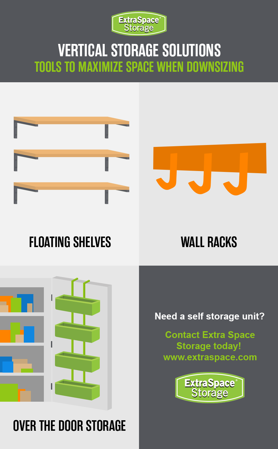 Vertical storage options include floating shelves, wall racks, and closet door storage.