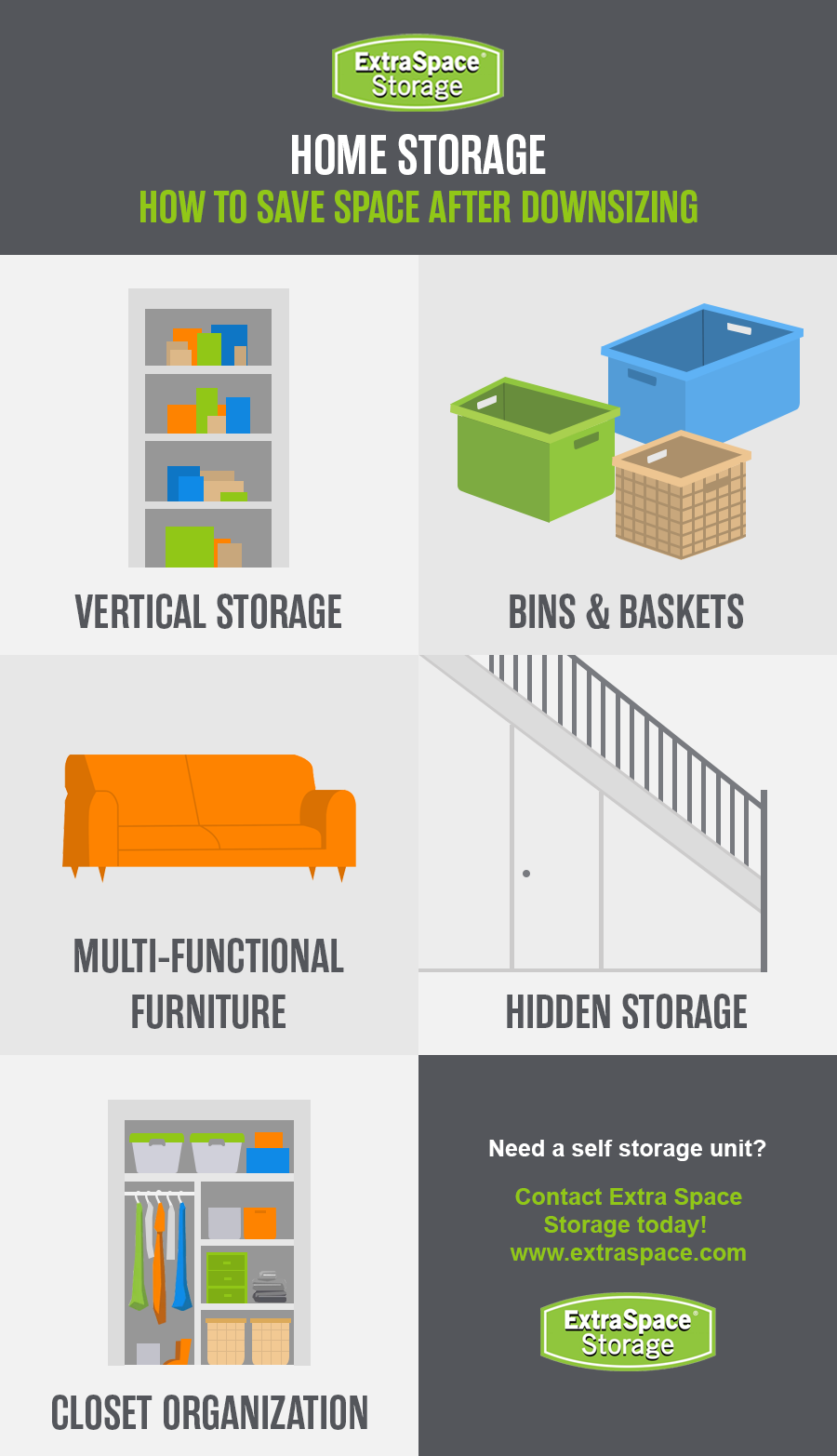 The best ways to utilize home storage when downsizing is with vertical storage, bins and baskets, multi-functional furniture, hidden storage, and closet organization.