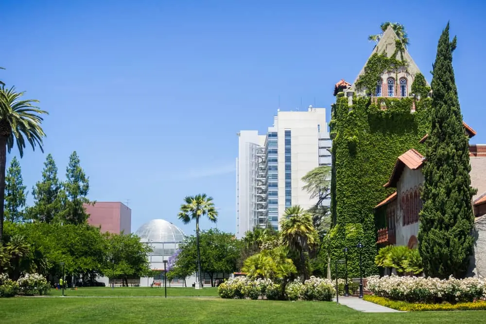 Photo shows the city sky line of San Jose.