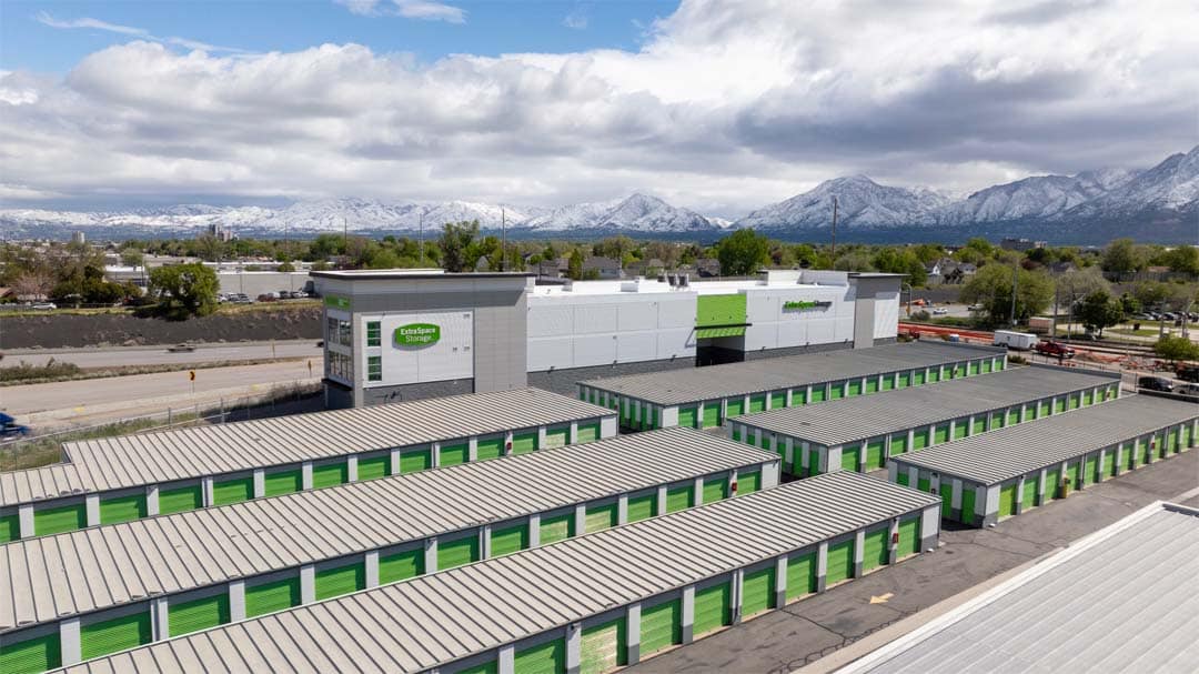 Overhead view of Extra Space Storage facility with drive-up units.