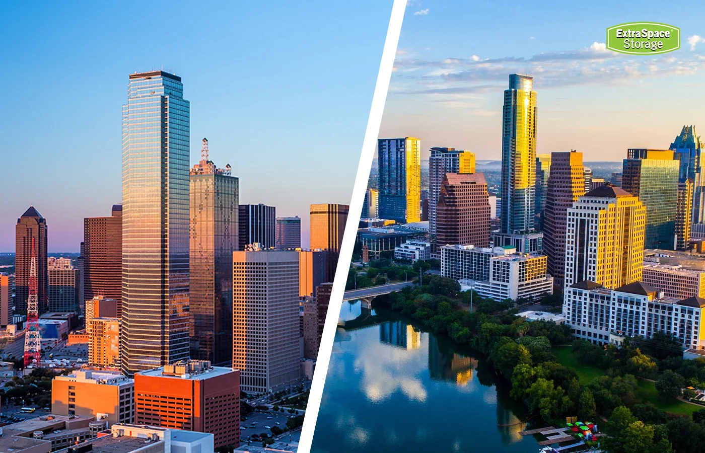 A photo cut diagonally to showcase an Austin, TX Skyline vs a Dallas, TX skyline.