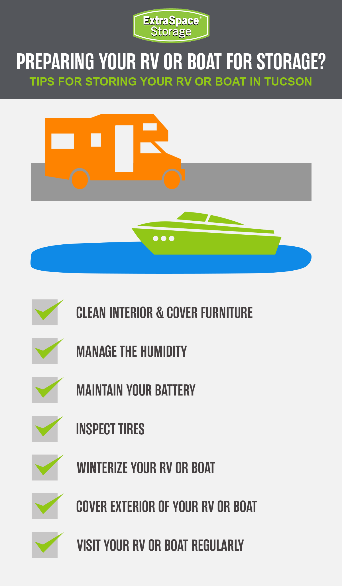 A graphic listing off tips on storing your RV and Boat.
