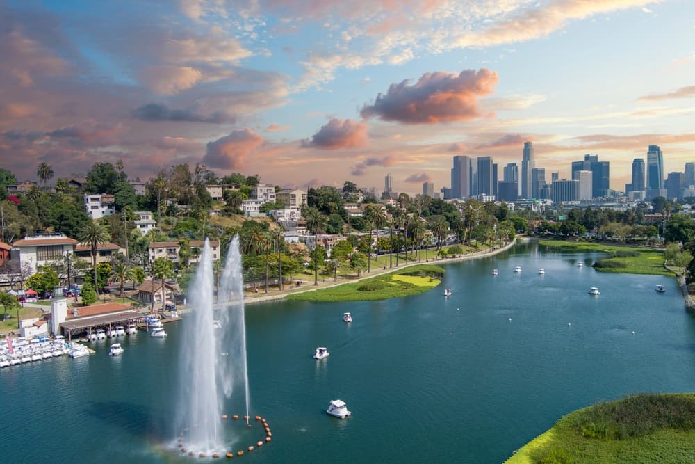 a skyline image of los angeles near the water