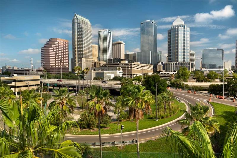 A skyline view of downtown Tampa, FL.