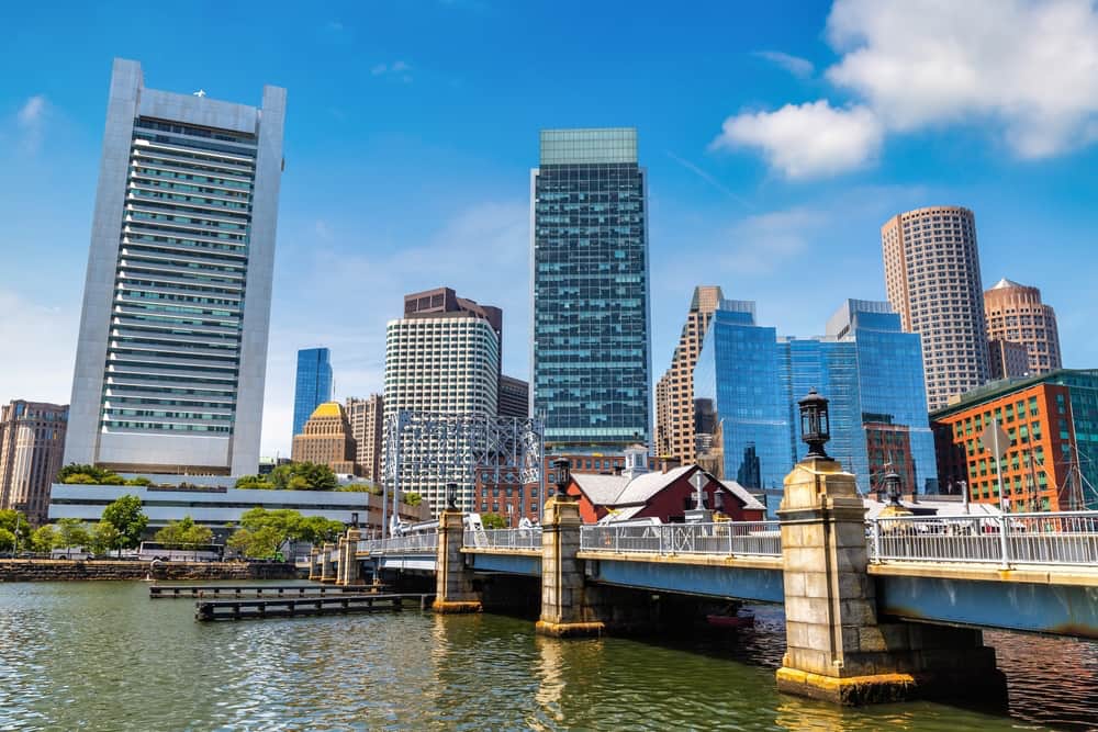 A view of Boston's skyline, including waterfront and skyscrapers.