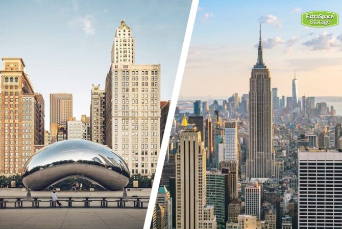 side by side of Chicago's Cloud Gate and the New York City skyline