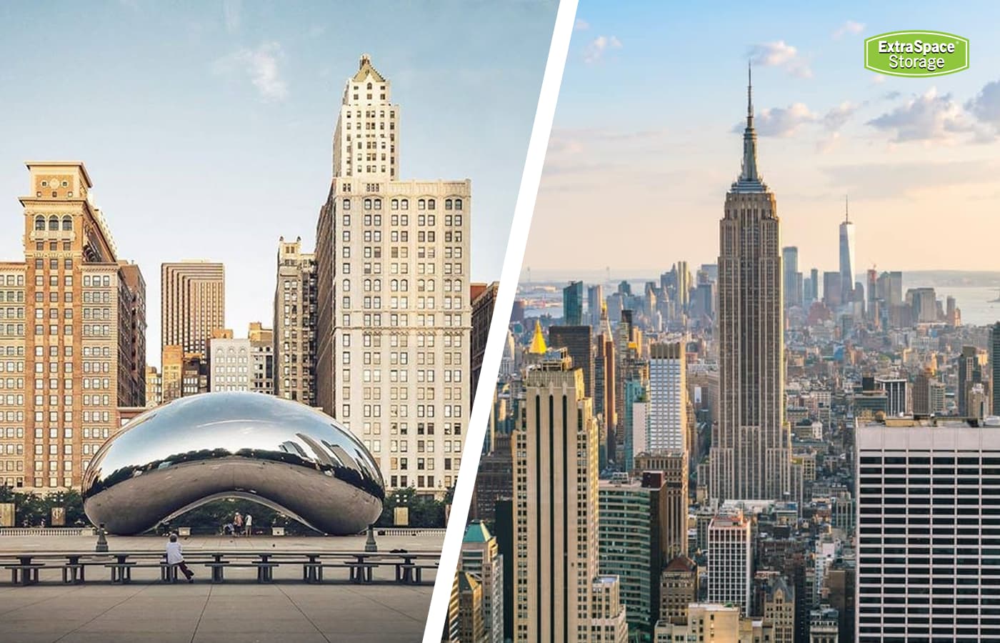 side by side of Chicago's Cloud Gate and the New York City skyline
