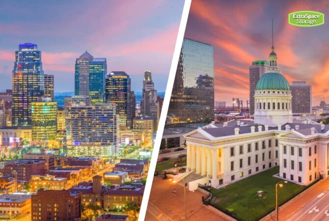 A split screen city skyline shot of st louis and kansas city