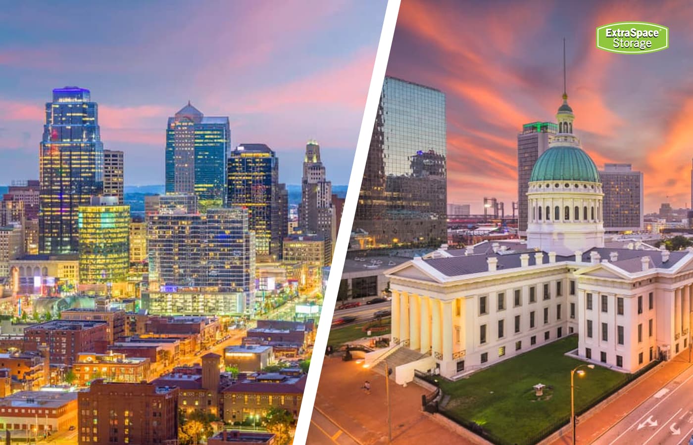 A split screen city skyline shot of st louis and kansas city