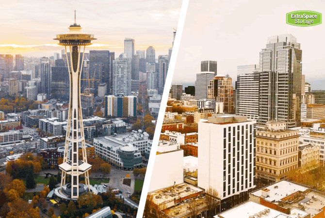A skyline comparison of Seattle and Portland.