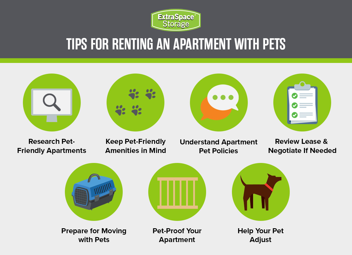 Graphic sharing seven tips for renting an apartment with pets, including research pet-friendly apartments, keep pet-friendly amenities in mind, understand apartment pet policies, review lease, prepare to move with pets, pet-proof your new apartment, and help your pet adjust. 