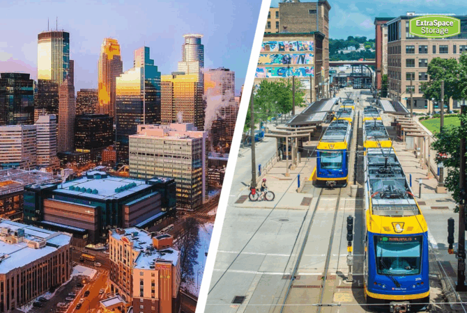 A split screen comparison of Minneapoolis skyline and St Paul downtown
