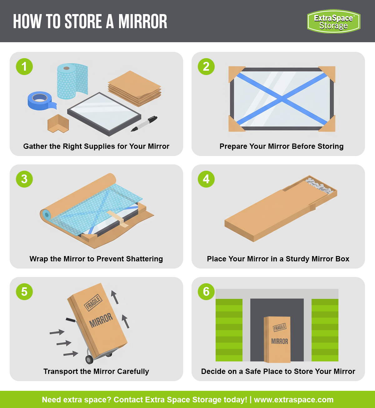 Storing a mirror steps include: Step 1: Gather the Right Supplies for Your Mirror, Step 2: Prepare Your Mirror Before Storing, Step 3: Wrap the Mirror to Prevent Shattering, Step 4: Place Your Mirror in a Sturdy Mirror Box, Step 5: Transport the Mirror Carefully, and Step 6: Decide on a Safe Place to Store Your Mirror