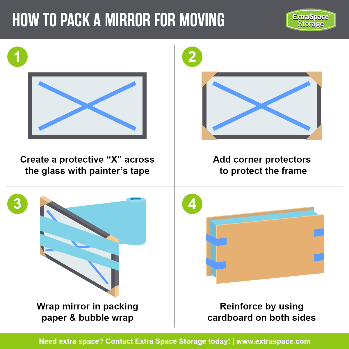How to pack a mirror for moving includes creating a protective “X” across the glass with painter’s tape, adding corner protectors to protect the frame, wrapping the mirror in packing paper & bubble wrap, and reinforcing by using cardboard on both sides. 