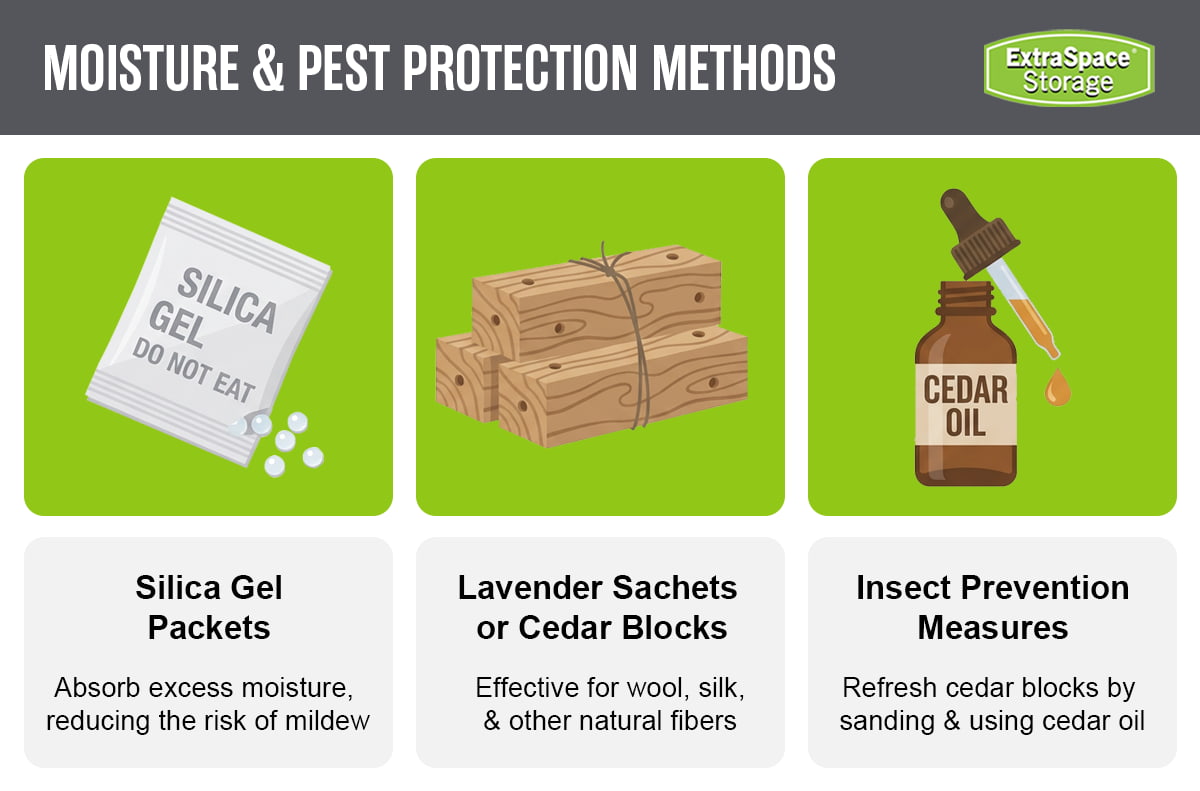Moisture and pest protection methods include silica gel packets, lavender sachets or cedar clocks, and cedar oil as a form of insect prevention measures.