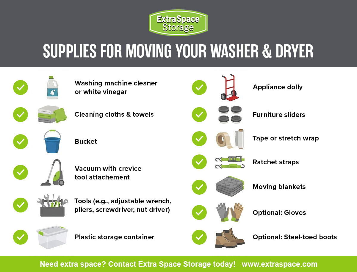 Supply list for how to move your washer and dryer.