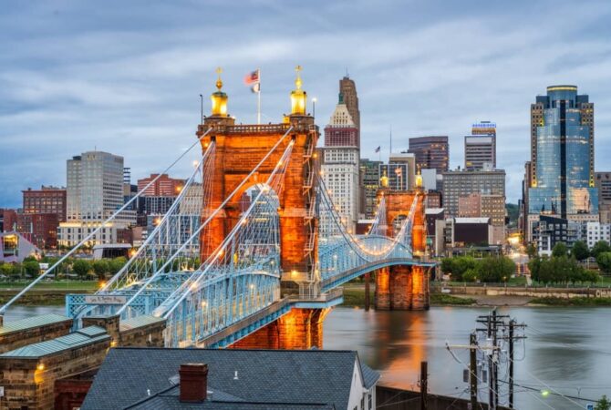 Cincinnati's skyline at dusk with city lights shining.