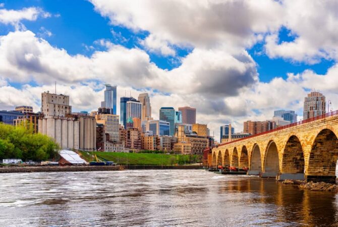 A view of the Minneapolis cityscape from across a river