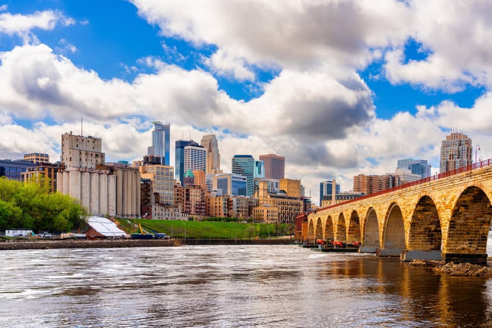 A view of the Minneapolis cityscape from across a river