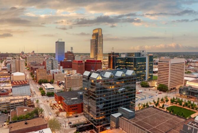 Skyline of Omaha at dusk.