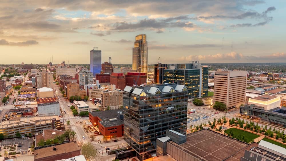 Skyline of Omaha at dusk.