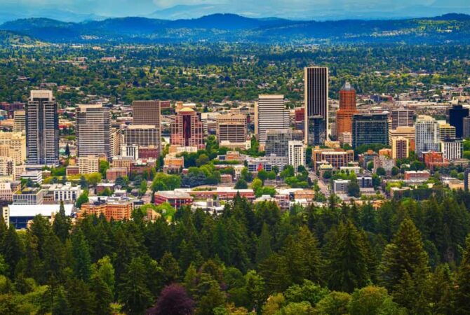 A skyline photo of Downtown Portland.