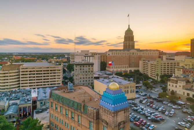 Skyline view of San Antonio at sunset