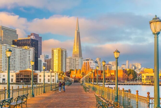 Skyline image of San Francisco from a boardwalk.