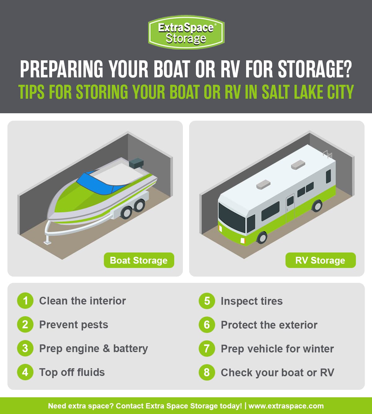 Tips for preparing your boat in Salt Lake City includes clean the exterior, prevent pests, prep engine and battery, top off fluids, inspect tires, protect the exterior, prep vehicle for winter, and check your boat or RV. 