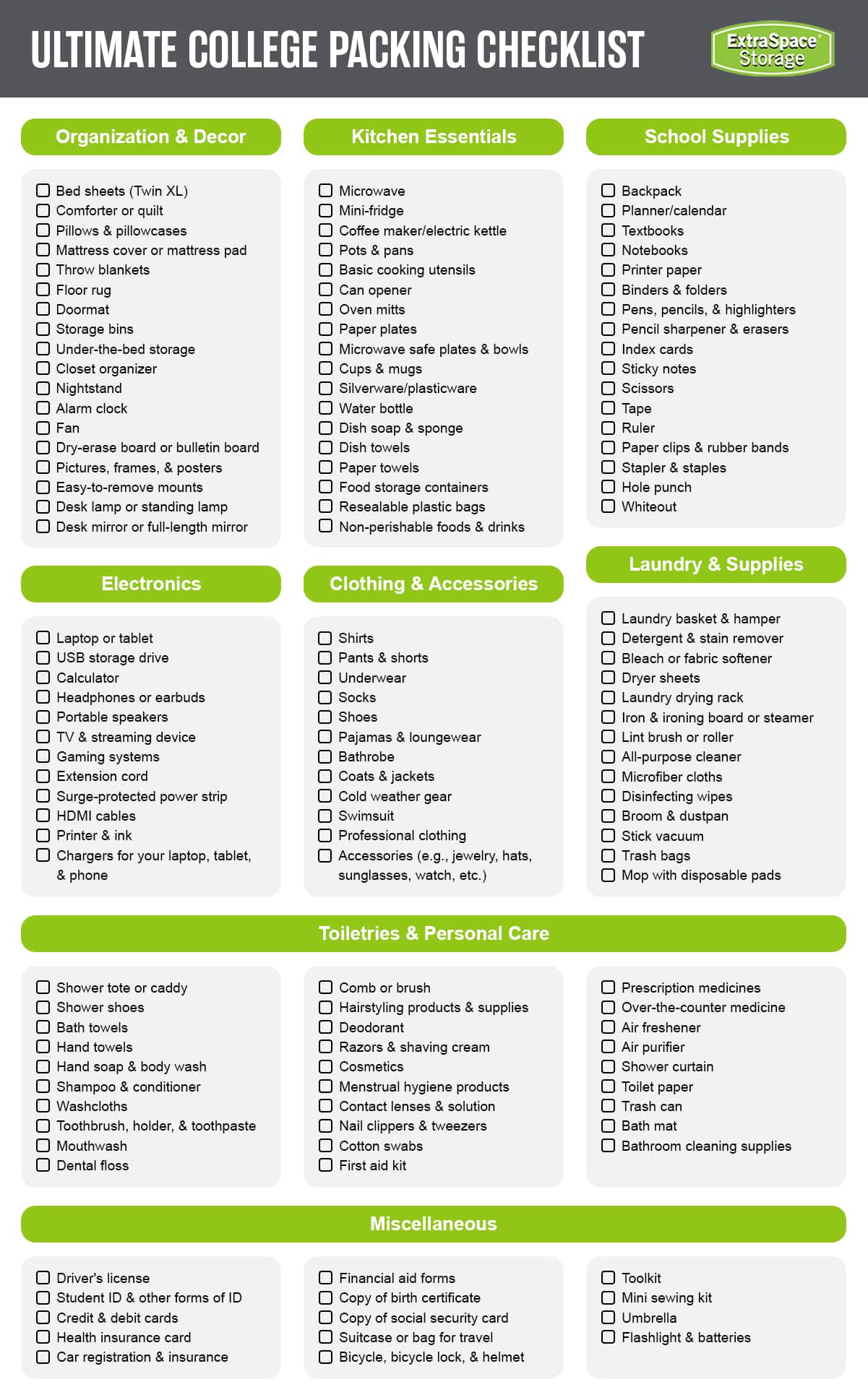 College packing list.