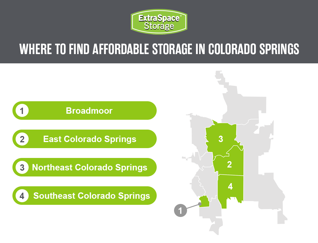 Find affordable self storage priced in Colorado Springs neighborhoods like Broadmoor, East Colorado Springs, Northeast Colorado Springs, and Southeast Colorado Springs.