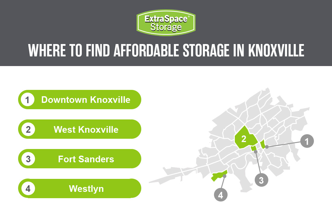 Graphic showing the top four areas in Knoxville for affordable storage, along with a map showing where the corresponding areas are in Knoxville.