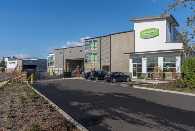 Picture of a modern Extra Space Storage facility in Vancouver, WA during the day. The property is clean and well-maintained.