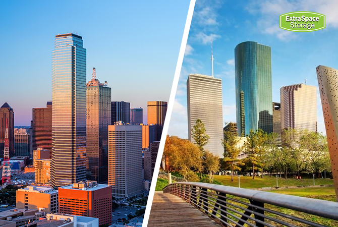 A graphic of a Dallas and Houston skyline side by side.