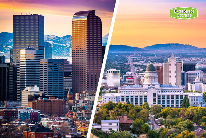 A graphic of a Denver and Salt Lake City skyline side by side.
